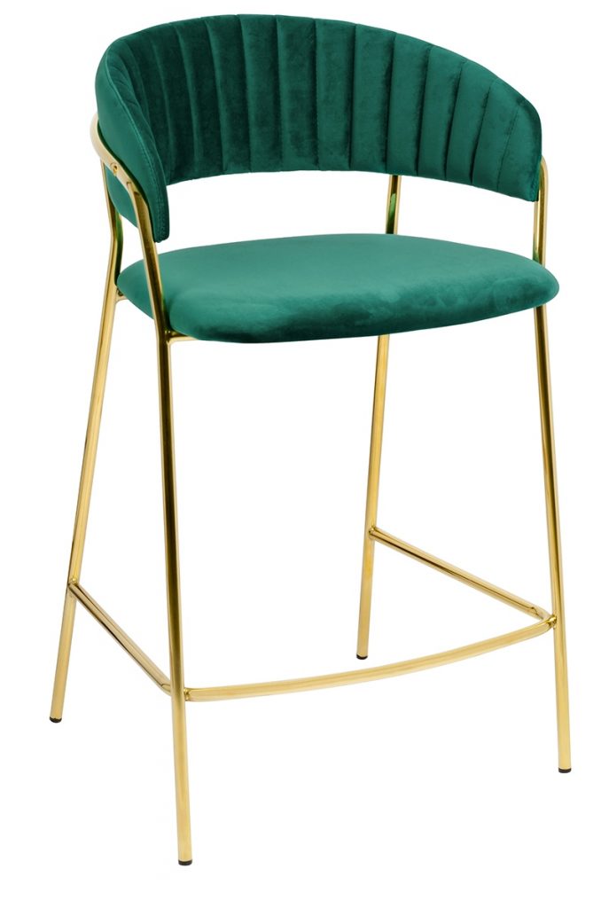 Krzesło barowe MARGO 65 ciemny zielony – welur, podstawa złota