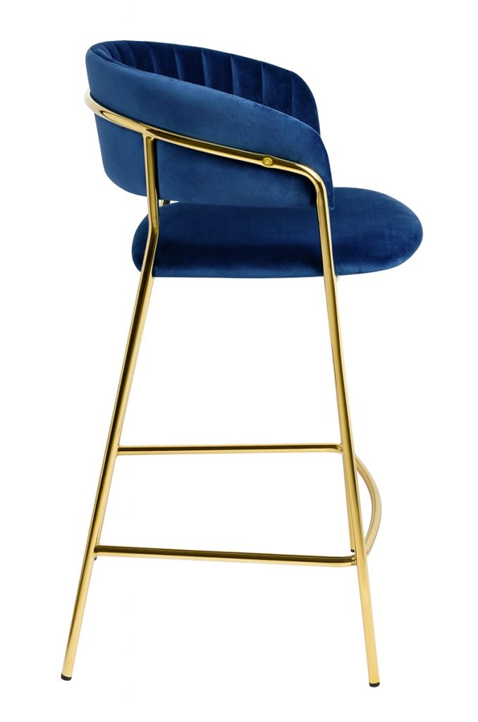 Krzesło barowe MARGO 65 ciemny niebieski – welur, podstawa złota